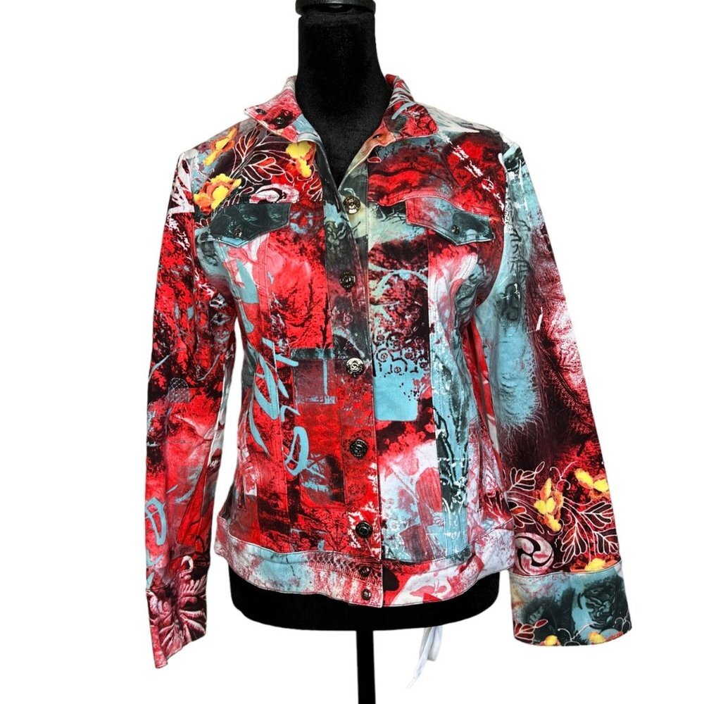 St. John Sport Marie Gray Button Up Abstract Colorful Print Moto Jacket XS